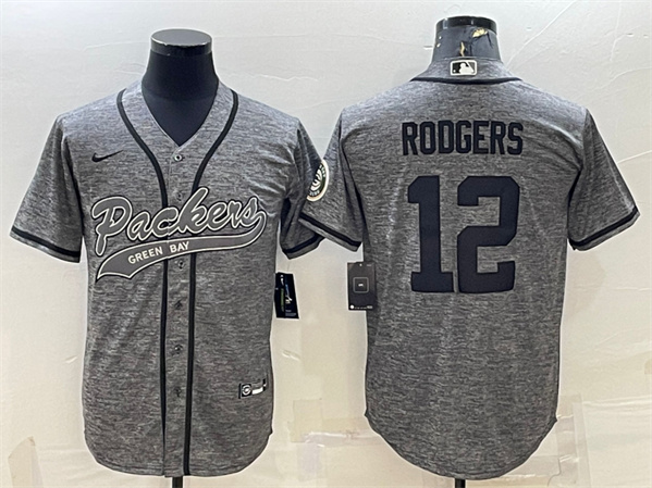 Men's Green Bay Packers #12 Aaron Rodgers Gray With Patch Cool Base Stitched Baseball Jersey